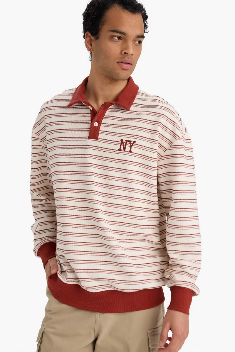 Defacto Boxy Fit Polo Neck Printed Striped Sweatshirt