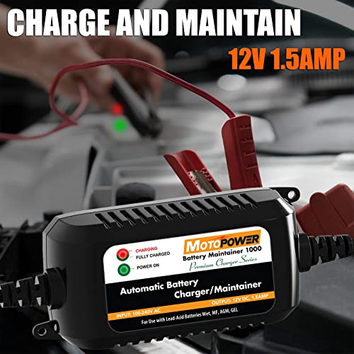 MOTOPOWER MP00206A 12V 1.5Amp Automatic Battery Charger, Battery Maintainer for Cars, Motorcycles, ATVs, RVs, Powersports, Boat and More - Image 2