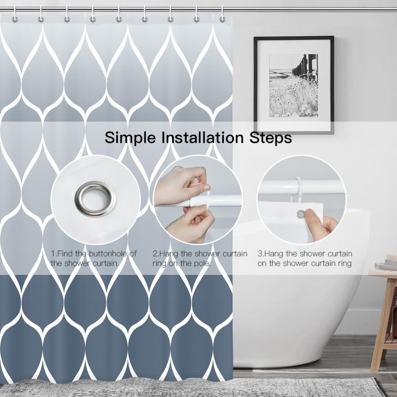 Gelbchu Ombre Aegean Blue Fabric Shower Curtain  Waterproof Design and Polyester  Quick-Drying  Weighted Hem  Shower Curtains Set for Bathroom W 72 x H 72  Machine Washable with 12 Hooks - Image 3