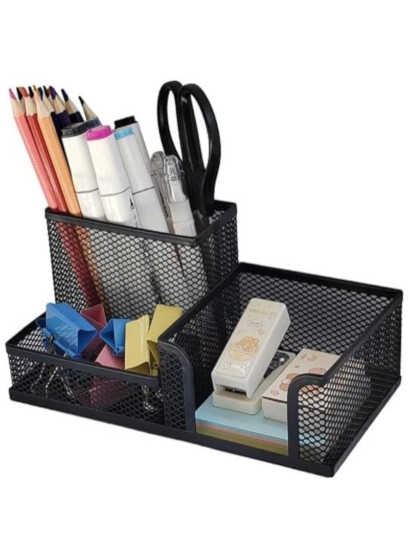 Generic 3-Compartment Metal Mesh Desk Organizer - Black Office Stationery Holder for Pens, Pencils, Scissors & Supplies (Multipurpose Desktop Storage Tray)  - Image 1