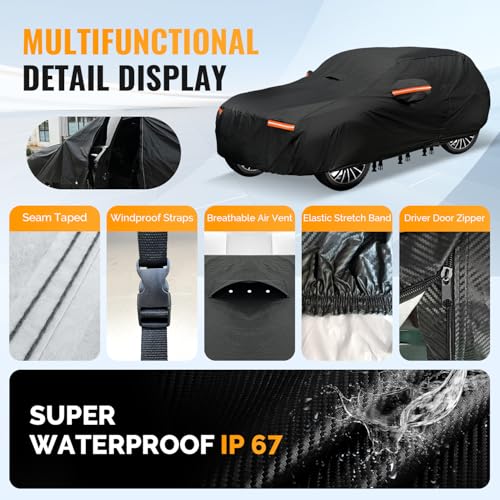 OWEEIO 30 Layers SUV Car Cover for Automobiles All Weather Waterproof, Outdoor Snowproof UV Protection Windproof, Door Zipper, Soft Cotton, Heavy Duty Universal Car Covers, (Black, Fit SUV 181"-190") - Image 4