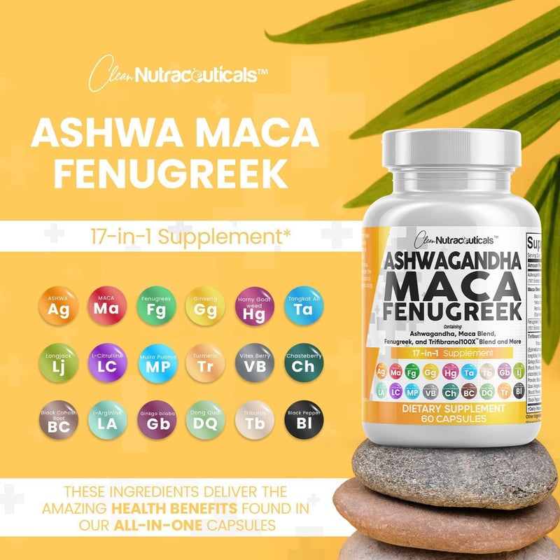 Clean Nutraceuticals Ashwagandha Maca Root Fenugreek Supplement with Tongkat Ali Ginseng - Assists with Stress, Mood & Thyroid - Ashwagandha Capsules Fenugreek Caps - 1 Pack - Image 3