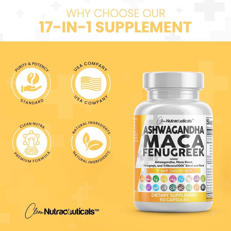 Clean Nutraceuticals Ashwagandha Maca Root Fenugreek Supplement with Tongkat Ali Ginseng - Assists with Stress, Mood & Thyroid - Ashwagandha Capsules Fenugreek Caps - 1 Pack - Image 5