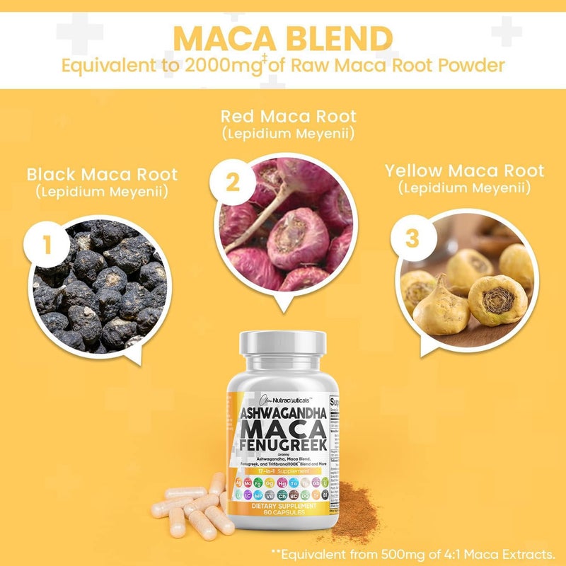 Clean Nutraceuticals Ashwagandha Maca Root Fenugreek Supplement with Tongkat Ali Ginseng - Assists with Stress, Mood & Thyroid - Ashwagandha Capsules Fenugreek Caps - 1 Pack - Image 4