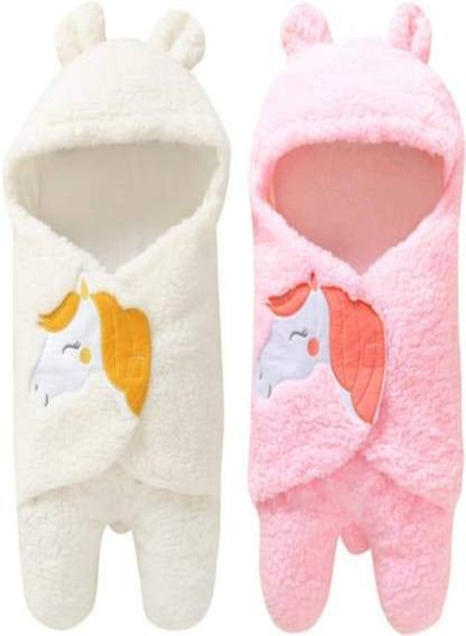 First Trend Cartoon Crib Hooded Baby Wrapper Blanket White Pink (Pack of 2) - Image 1