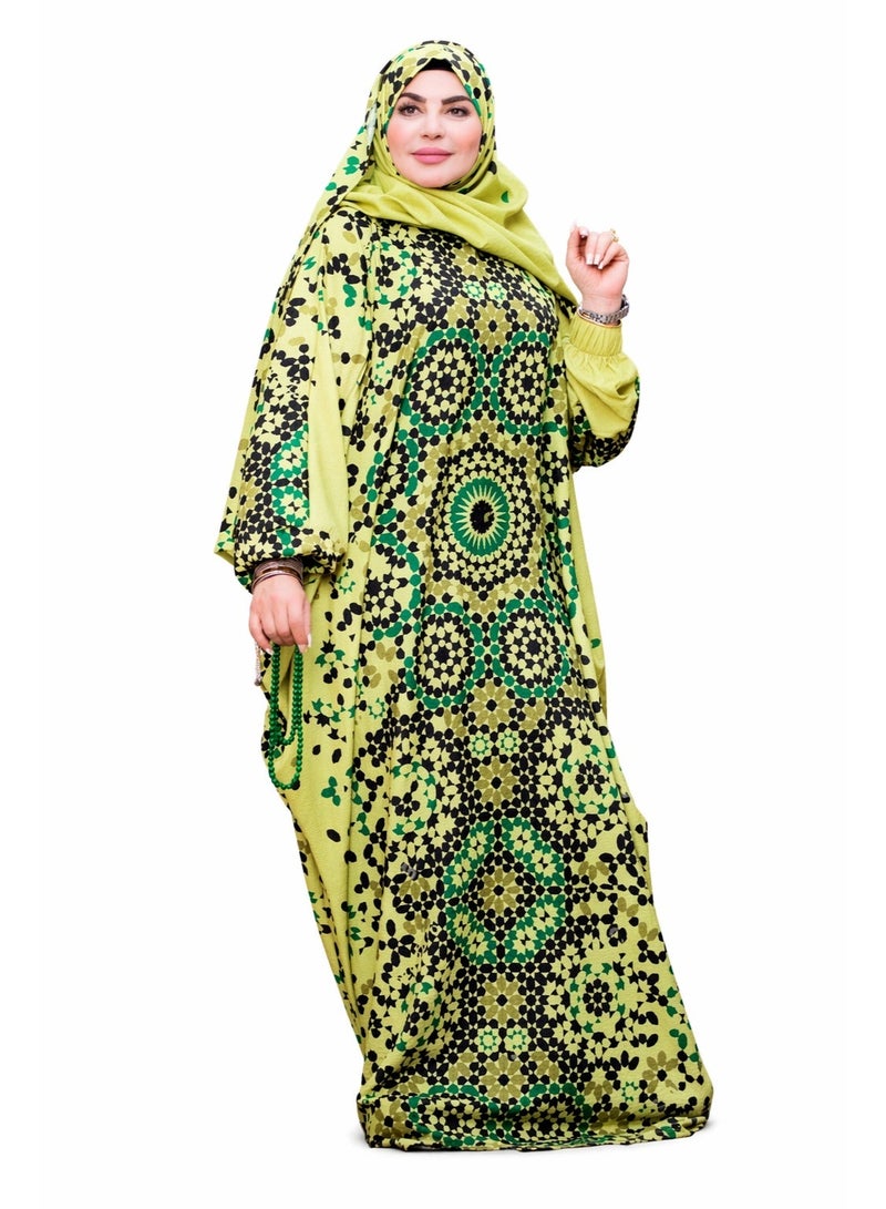 SATR HIJABI Elegant Green Geometric Print Isdal – Modest Prayer Wear for Women - Image 1