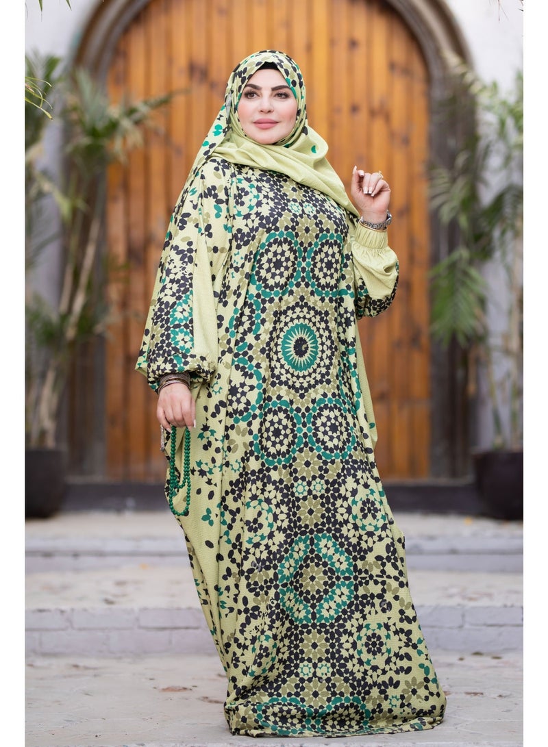 SATR HIJABI Elegant Green Geometric Print Isdal – Modest Prayer Wear for Women - Image 3