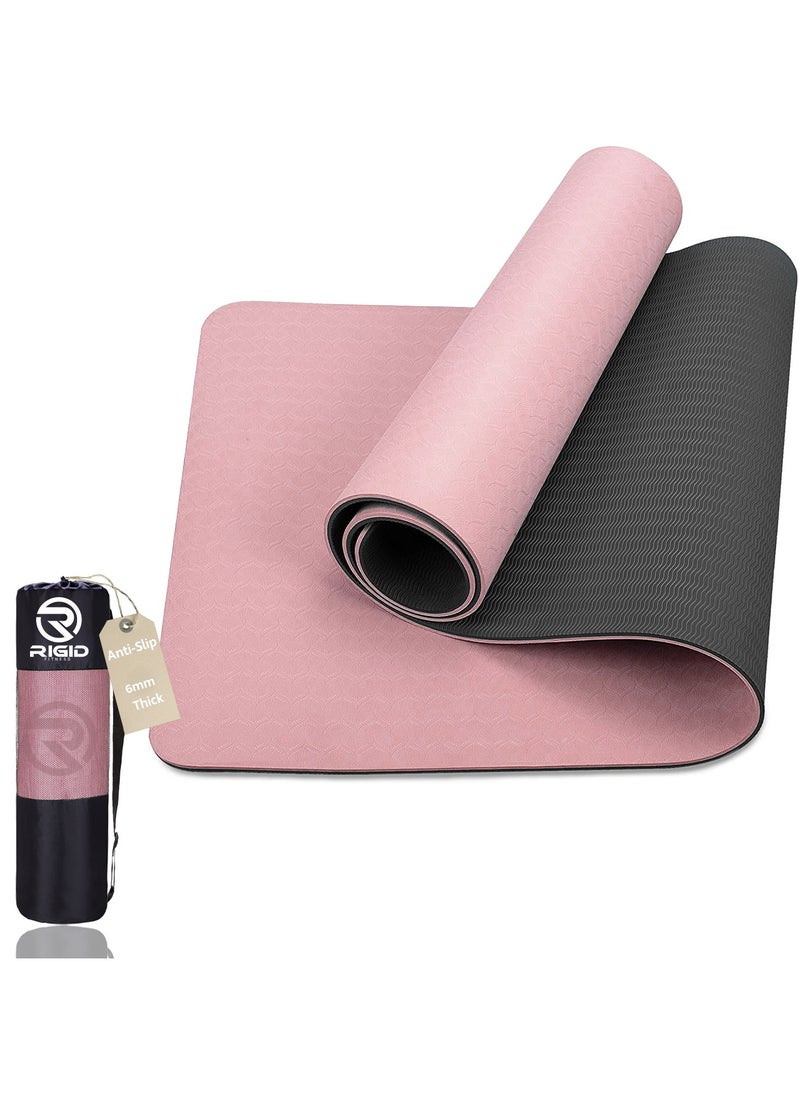 RIGID FITNESS - 6mm Anti-Slip TPE Yoga Mat with Strap, Bag - Knee Support, Non-Slip, Lightweight for Yoga, Pilates, Fitness, Home Workouts 183*66 cm (Pink/Black) - Image 1