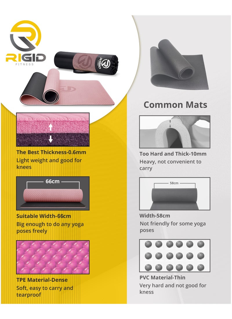 RIGID FITNESS - 6mm Anti-Slip TPE Yoga Mat with Strap, Bag - Knee Support, Non-Slip, Lightweight for Yoga, Pilates, Fitness, Home Workouts 183*66 cm (Pink/Black) - Image 1