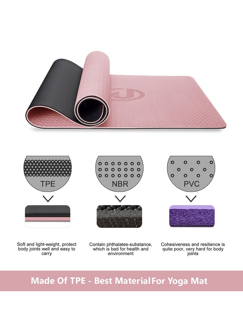 RIGID FITNESS - 6mm Anti-Slip TPE Yoga Mat with Strap, Bag - Knee Support, Non-Slip, Lightweight for Yoga, Pilates, Fitness, Home Workouts 183*66 cm (Pink/Black) - Image 1