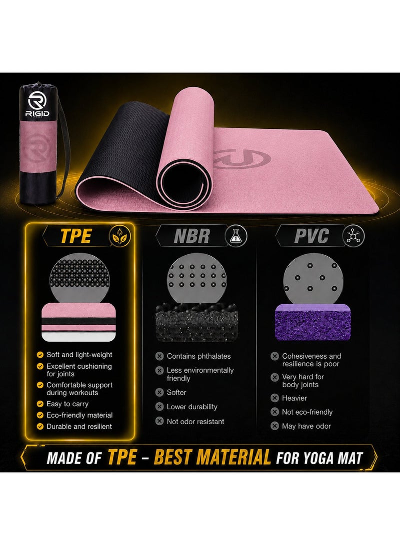 RIGID FITNESS Yoga Mat TPE 6mm Anti-Slip with Carry Bag - Knee Support, Non-Slip Exercise Mat, Double Colors Training Mat for Fitness - Home & Gym Workout Mat - 183 * 66cm (0.6cm Thick) - Pink/Black - Image 4