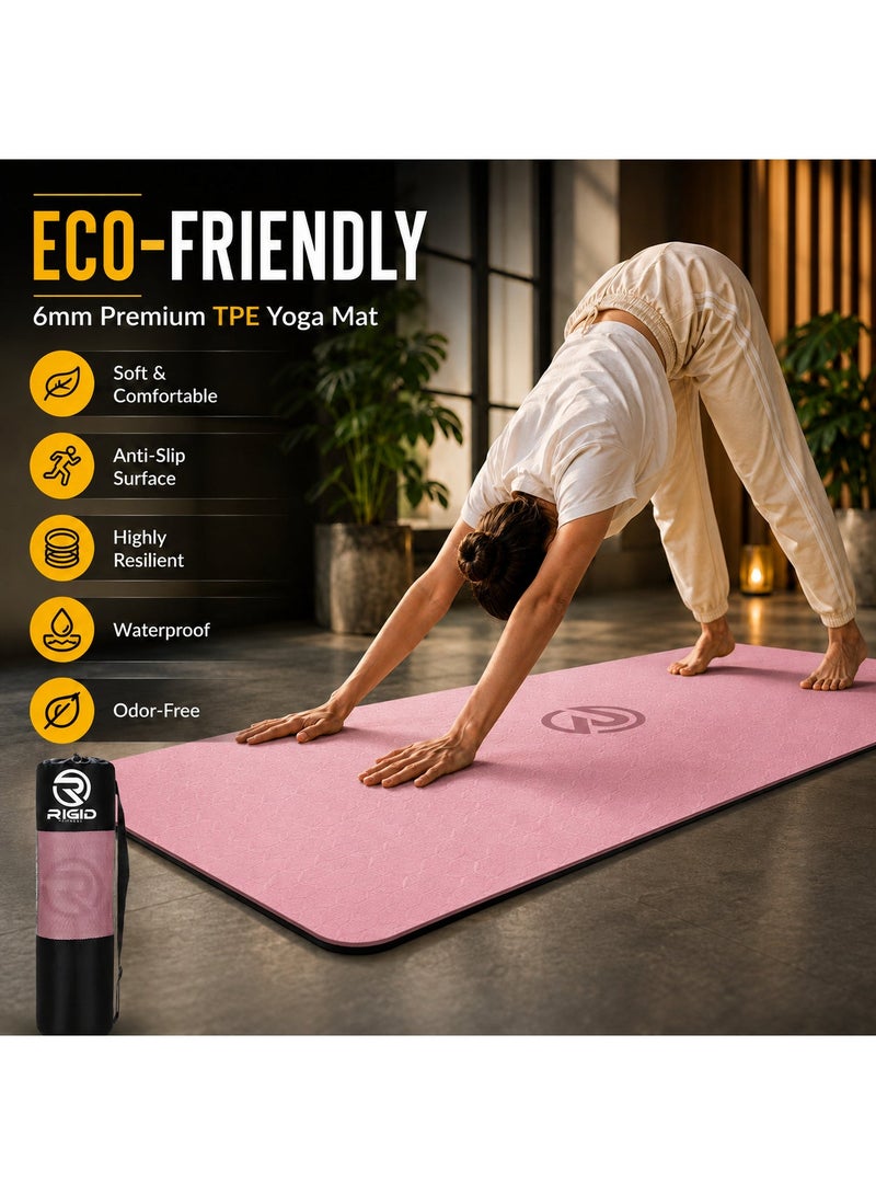 RIGID FITNESS Yoga Mat TPE 6mm Anti-Slip with Carry Bag - Knee Support, Non-Slip Exercise Mat, Double Colors Training Mat for Fitness - Home & Gym Workout Mat - 183 * 66cm (0.6cm Thick) - Pink/Black - Image 3