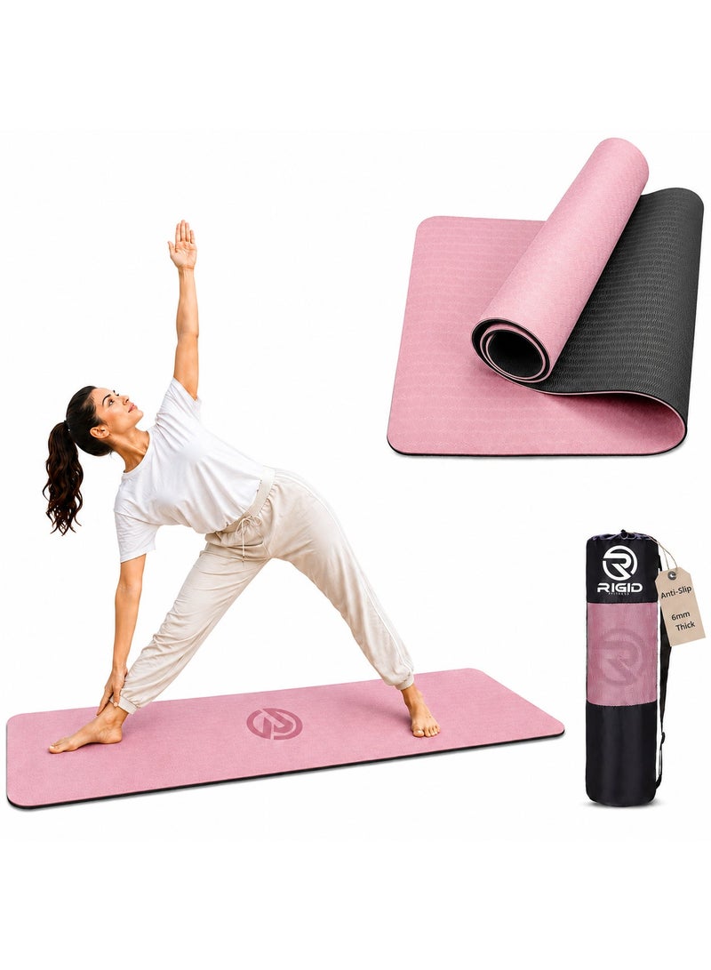 RIGID FITNESS Yoga Mat TPE 6mm Anti-Slip with Carry Bag - Knee Support, Non-Slip Exercise Mat, Double Colors Training Mat for Fitness - Home & Gym Workout Mat - 183 * 66cm (0.6cm Thick) - Pink/Black - Image 1