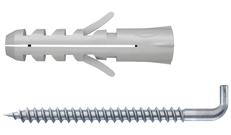 fischer Expansion Plug S 6 with Angle L Hook, Nylon Wall Plug and Metal Hook Set for Concrete and Solid Masonry, 6mm Drill, 30mm Length, 2-Way Expansion, Anti-Rotation, Blister Pack