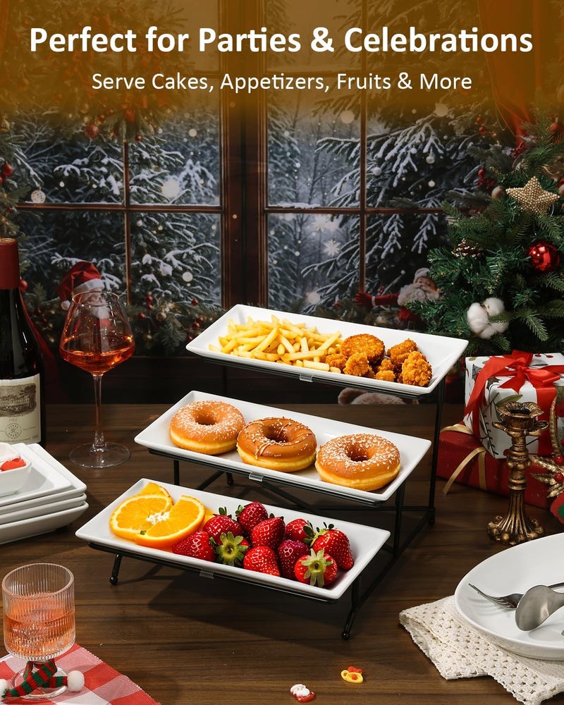 Yedio 3 Tier Serving Trays for Party, Porcelain Serving Platters and Trays, 12 Inch Tiered Tray Stand, Fruit Tray, Trays for Serving Food, White Dessert Stand with Collapsible Sturdier Metal Rack - Image 5
