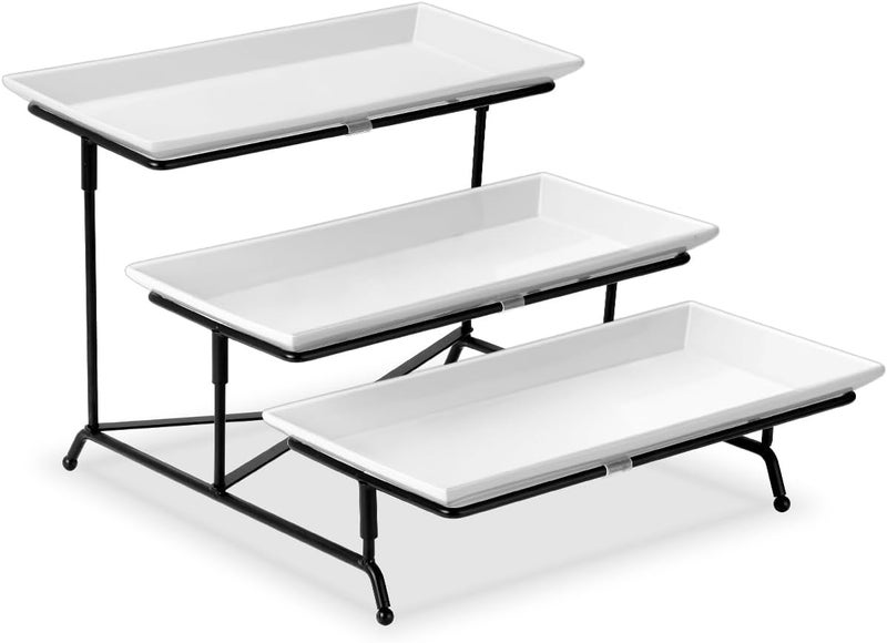 Yedio 3 Tier Serving Trays for Party, Porcelain Serving Platters and Trays, 12 Inch Tiered Tray Stand, Fruit Tray, Trays for Serving Food, White Dessert Stand with Collapsible Sturdier Metal Rack - Image 1