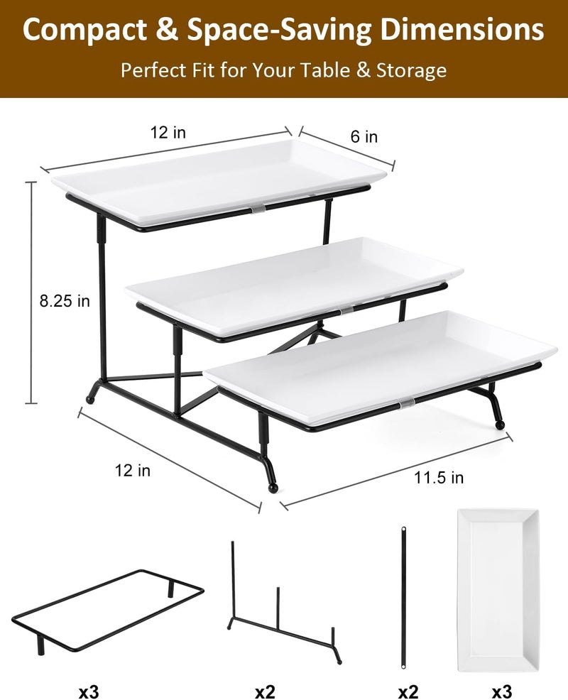 Yedio 3 Tier Serving Trays for Party, Porcelain Serving Platters and Trays, 12 Inch Tiered Tray Stand, Fruit Tray, Trays for Serving Food, White Dessert Stand with Collapsible Sturdier Metal Rack - Image 2