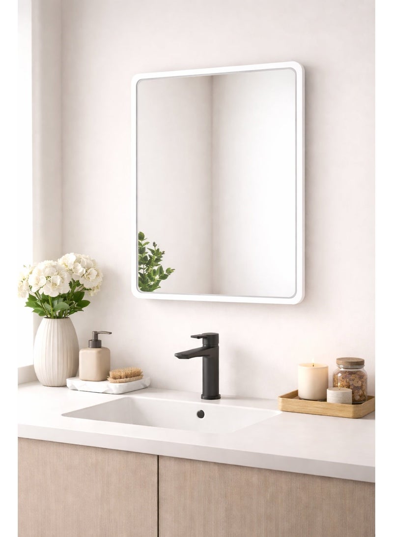 Primanova Wall Mounted Bathroom Mirror 39.5 × 52 cm Rectangular With Rounded Corners Matte Plastic Frame HD Glass Reversible Design For Vanity And Wash Basin (White) - Image 3