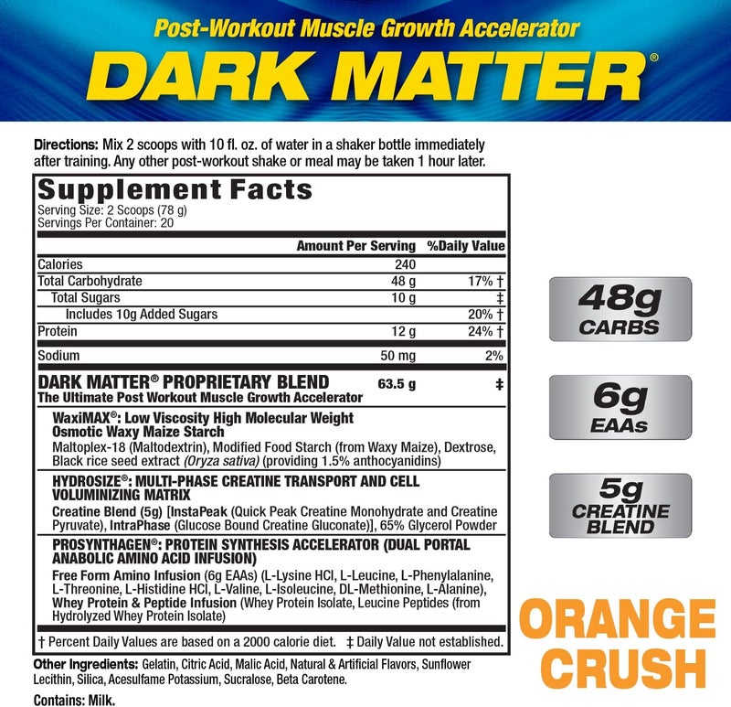 Maximum Human Performance MHP Dark Matter Post Workout Recovery Accelerator wMulti Phase Creatine Waxy Maize Carbohydrate 6g EAAs Orange Crush 20 Servings 55 Oz - Image 2