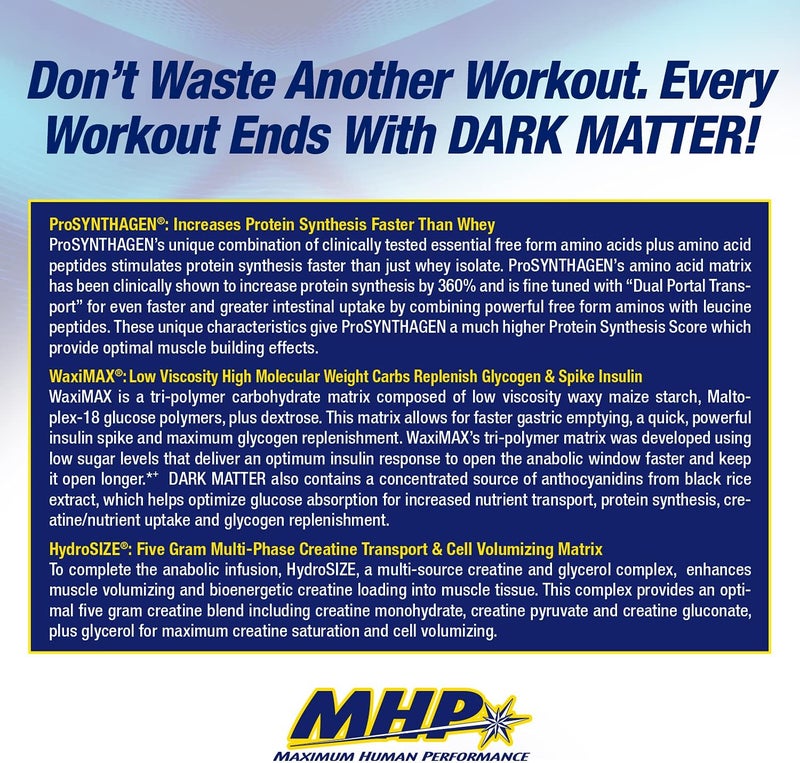 Maximum Human Performance MHP Dark Matter Post Workout Recovery Accelerator wMulti Phase Creatine Waxy Maize Carbohydrate 6g EAAs Orange Crush 20 Servings 55 Oz - Image 4