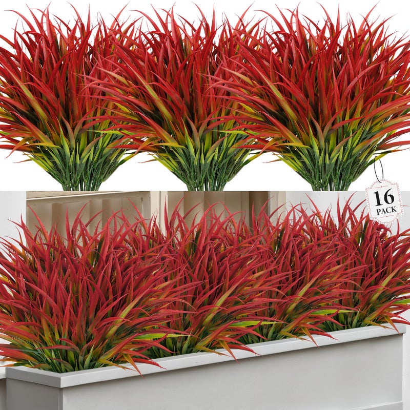 Besteek 16 Pcs Artificial Plants Outdoor Fake Grass Faux Greenery Stems UV Resistant Plastic Plants Shrubs for Planters Patio Garden Front Porch Pathway Spring Summer Home Decor, Red - Image 1