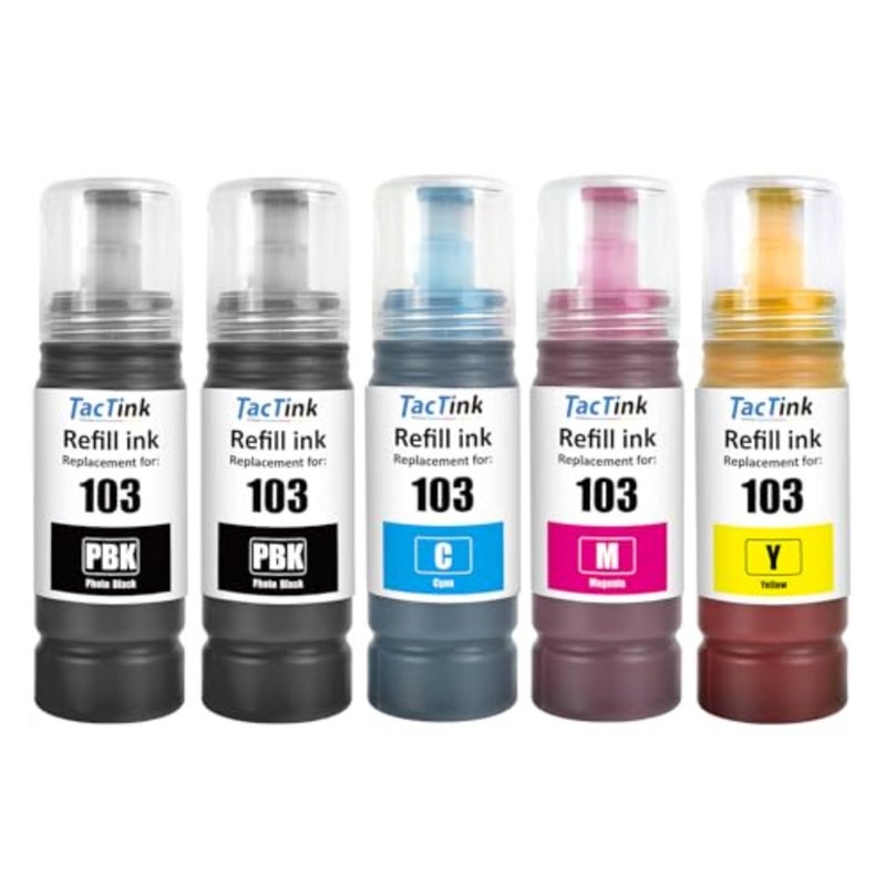 103 Ink Bottle for Epson EcoTank printers L1110/L1210/L1250/L3100/L3101/L3110/L3111/L3150/L3151/L3156/L3160/L3210/L3211/L3250/L3251/L3256/L3260/L3266/L3550 5 Pack, Black, High-Yield Dye-Based Ink - Image 1