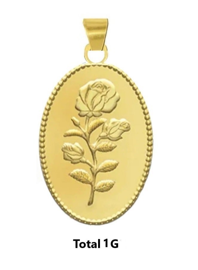 Oval 24K Gold Bar Pendant – Rose Engraving, 1G Weight.