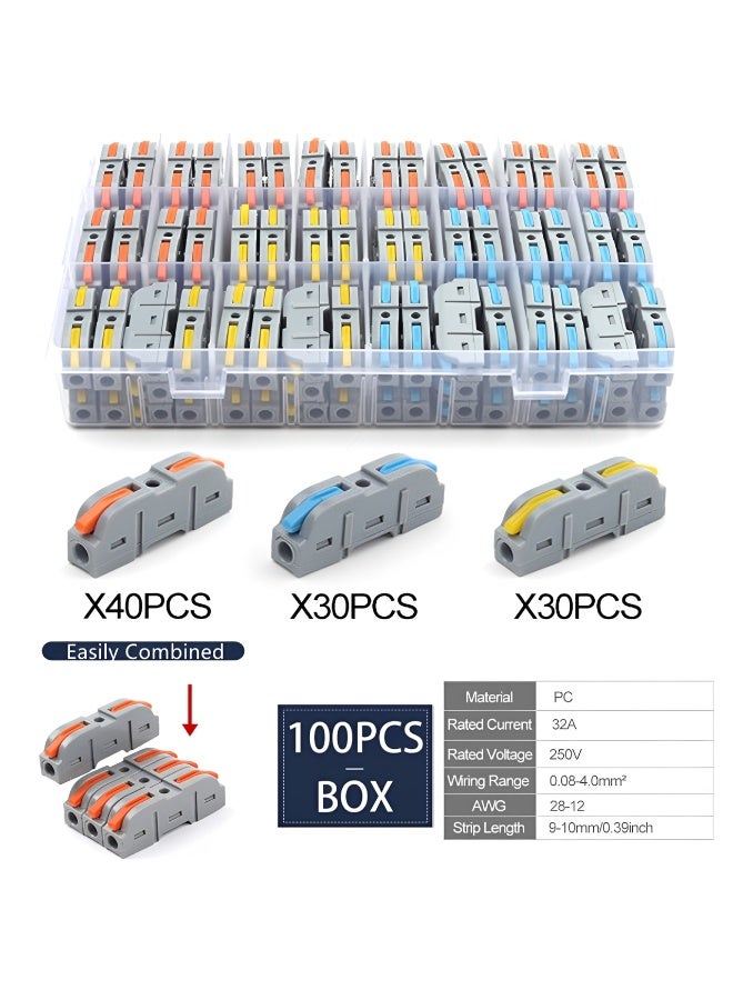 100PCS Lever Wire Connectors Quick Connect Terminal Block Kit Universal Compact Electrical Wire Connectors 28-12 AWG 3 Color Assorted with Storage Box - Image 1