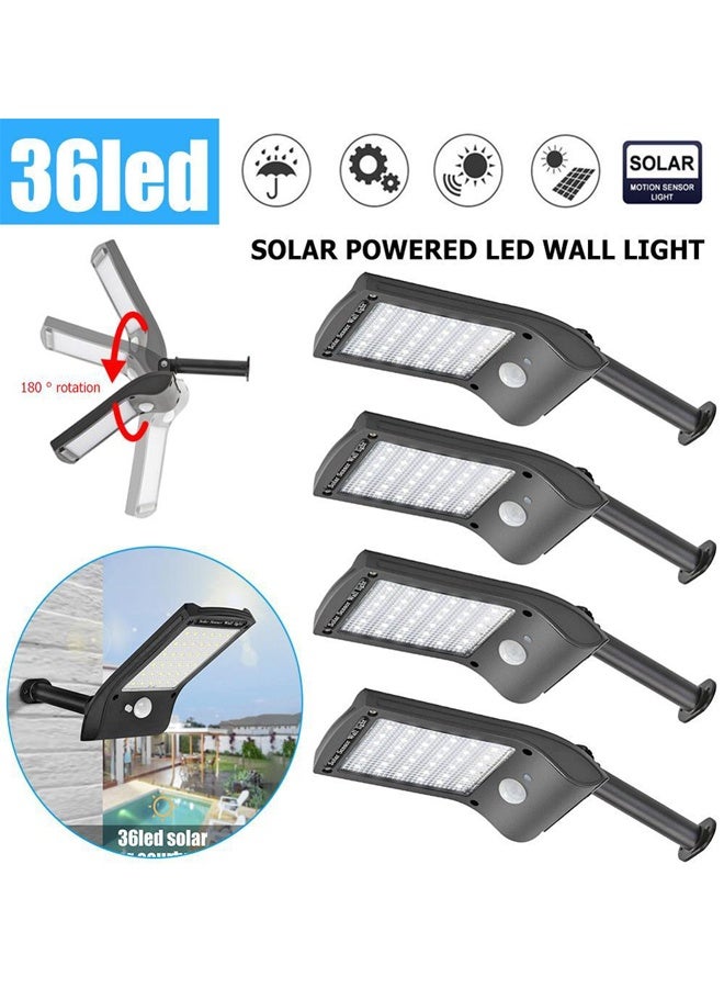 4 حزمة 36LEDs أضواء الشارع الشمسية في الهواء الطلق مقاومة للماء ، أضواء مواقف السيارات الغسق إلى الفجر ، ضوء الفيضانات مستشعر حركة زاوية واسعة والتحكم عن بعد مناسبة للفناءات والمراج والحديقة - Image 1