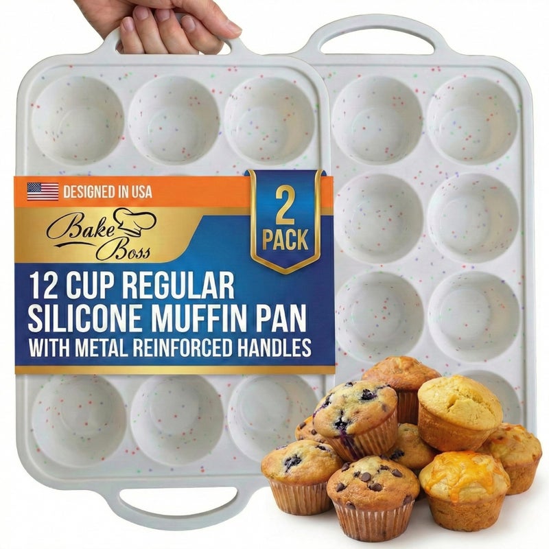 BAKE BOSS 2-Pack Silicone Muffin Pan for Baking with Metal Reinforced Frame -12 Cup Regular Size Cupcake Pan, BPA Free Silicone Muffin Tray - Cupcake Baking Pan Molds for Oven & Dishwasher Safe - Image 1