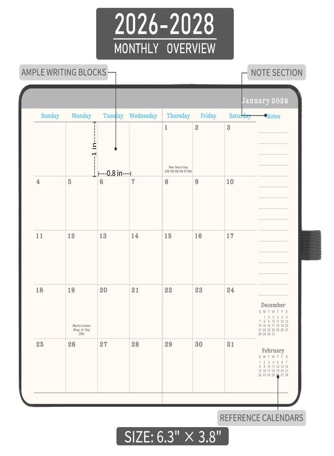 BooQool 2026-2028 Monthly Pocket Calendar - 3 Year Planner with Faux Leather Cover, Jan 2026 - Dec 2028, Small Planner for Purse, Pen Holder, 3.8" x 6.3", Inner Pocket, 63 Notes Pages - Image 4