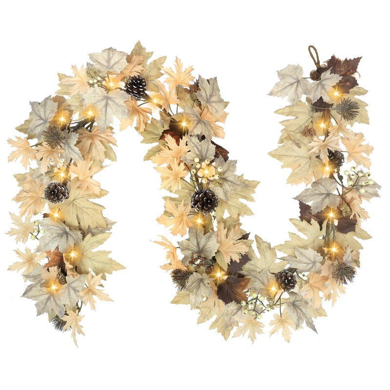 Realistic Fall Garland with Lights 6 FT Real Touch Feel Leaves Garland with Berries Pine Cones Fall Decorations for Home Thanksgiving Halloween Decorations Indoor Farmhouse Porch Fireplace