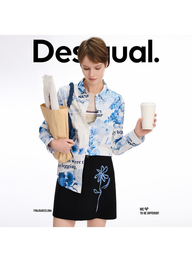 DESIGUAL قميص نسائي بأكمام طويلة مزين بطبعة زهور وقصة فضفاضة مع ياقة - Image 4
