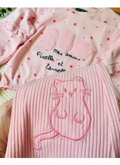 Miniğimin Cicileri My Little One's Cici Kitten Embroidery Sleeve Ruffle Detailed Girl's 2-Piece Set - Pink  - Image 2