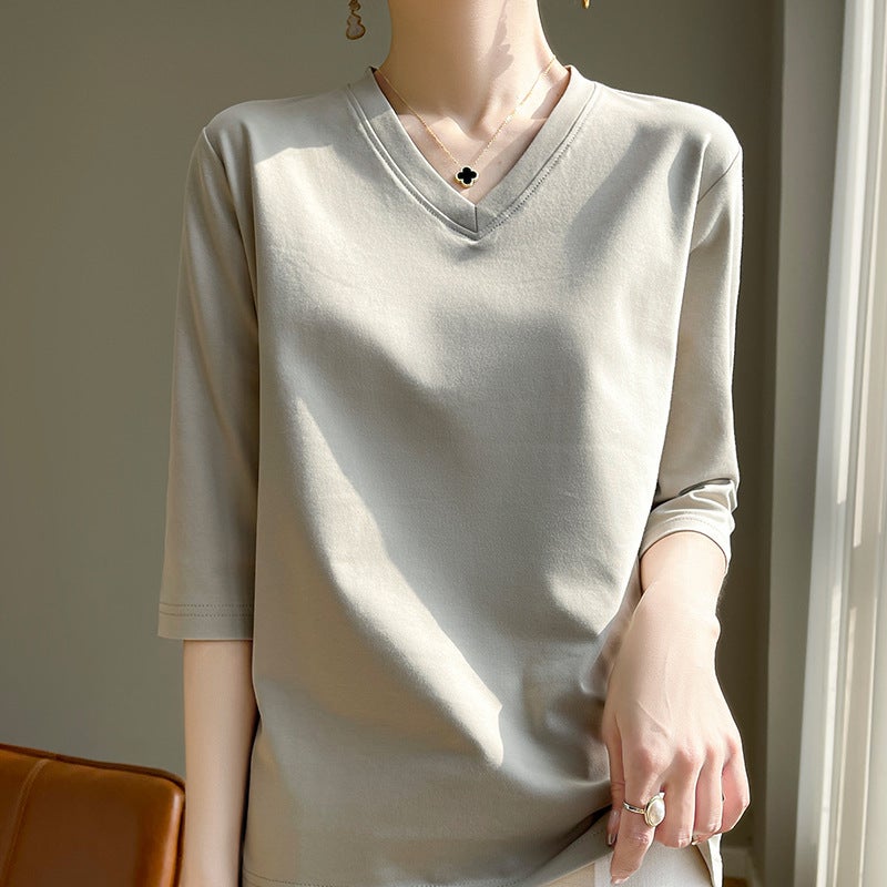 Spring and Summer Elegant Mid-Sleeve Top Womens Seven-Sleeve High-End Positive Shoulder White Combed Cotton Round Neck Short-Sleeved Pure Cotton T-Shirt Trendy Noodle gray--v collar 