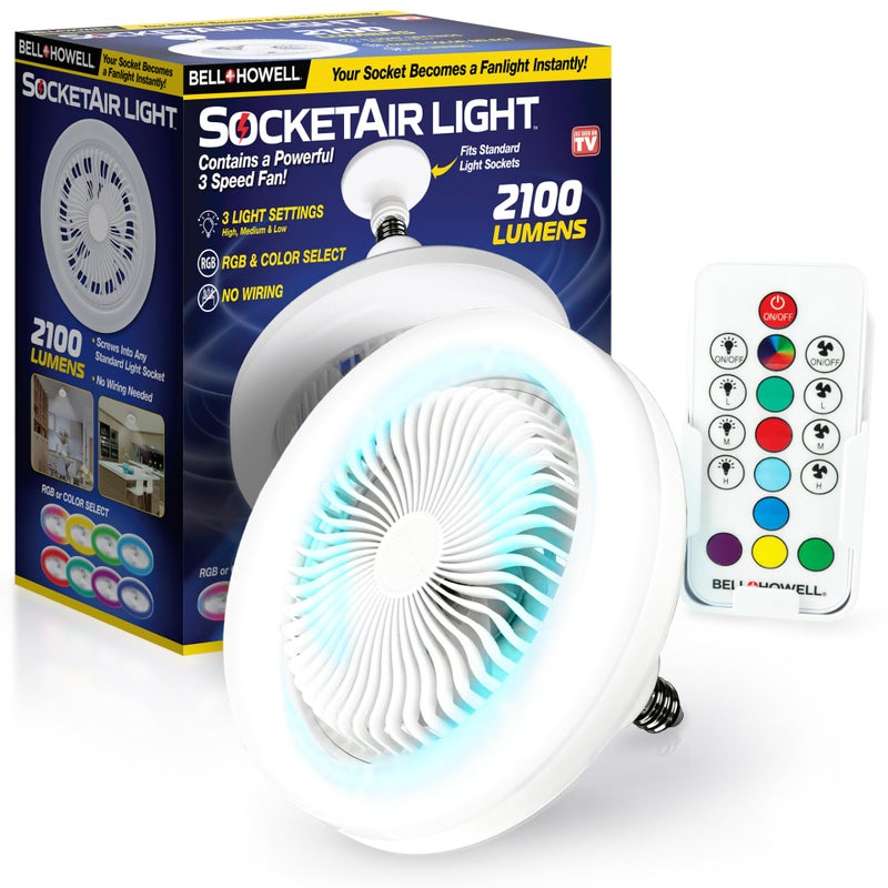 BellHowell SocketAir Wireless Ceiling Fan Light with Remote Control Extender110120 Volt 2100 Lumens 3 Fan Speeds 3 Light Settings 6500K for Living Dining Working Space ASON TV