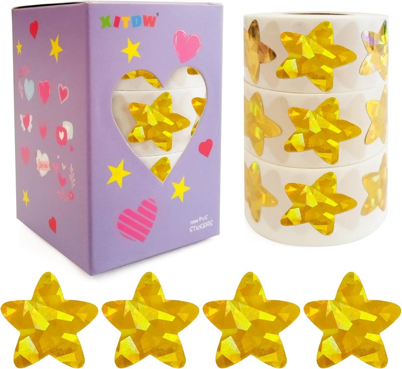 XITDW 3 Rolls Gold Star Stickers,1500Pcs Holographic Star Stickers for Kids Reward, Shiny Metallic Foil Star Stickers for Student Planner and School Classroom Teacher Supplies - Image 1