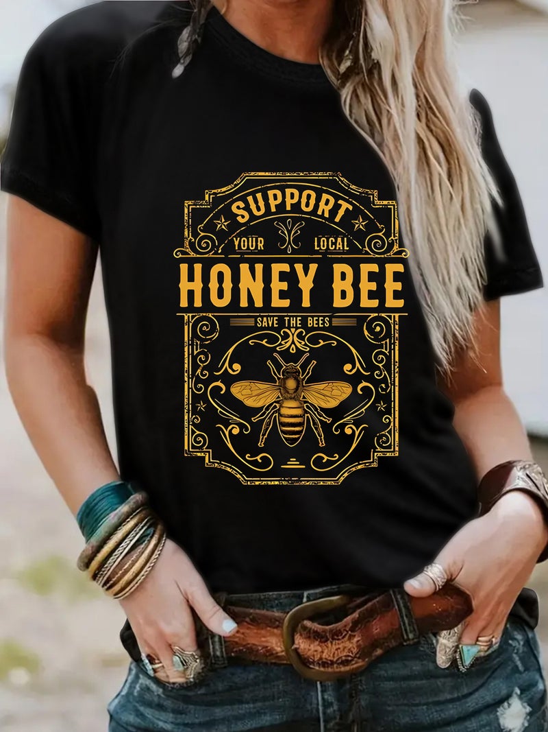 Crew Neck Fashion Honey Bee Top Women'S T-Shirt Loose Short Sleeve - Image 5