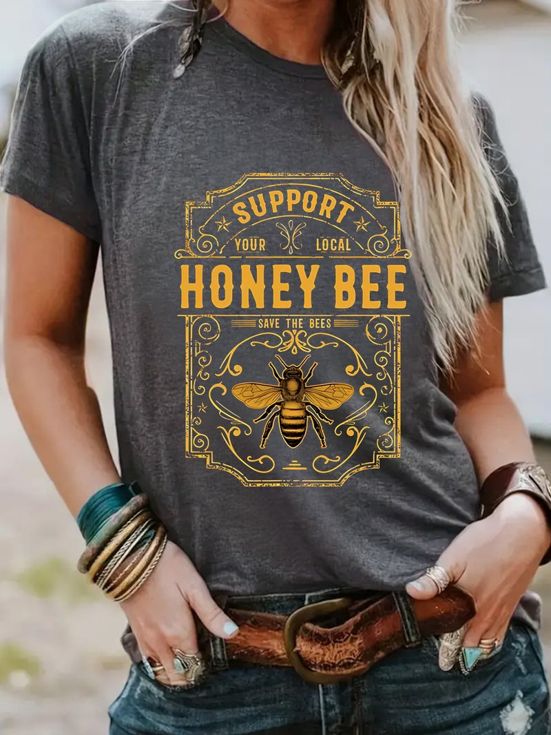 Crew Neck Fashion Honey Bee Top Women'S T-Shirt Loose Short Sleeve - Image 1