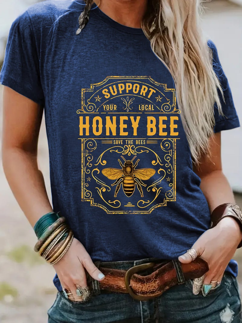 Crew Neck Fashion Honey Bee Top Women'S T-Shirt Loose Short Sleeve - Image 2