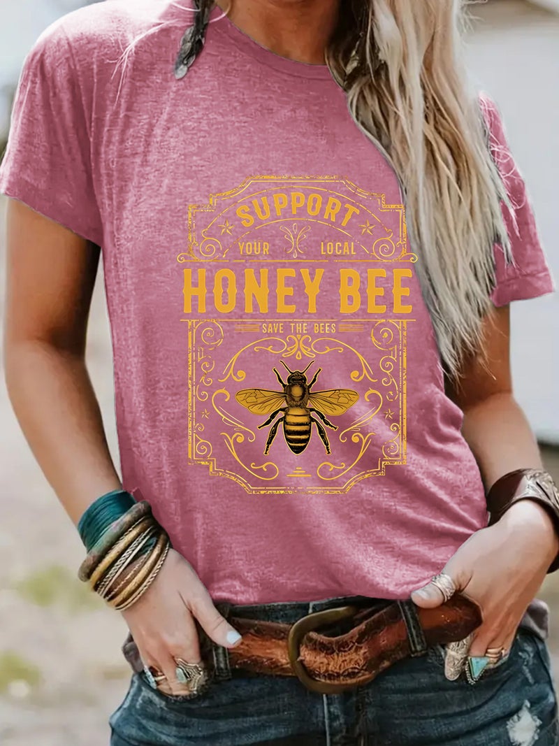 Crew Neck Fashion Honey Bee Top Women'S T-Shirt Loose Short Sleeve - Image 3