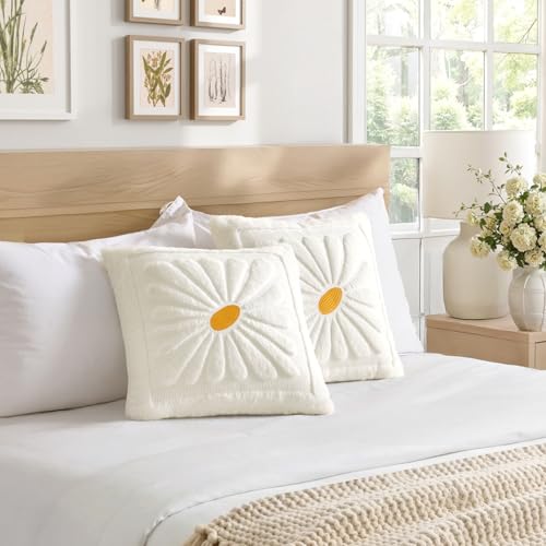 EMEMA Set of 2 Spring Summer Sunflower Floral Pillow Covers, Plush Faux Fur Decorative 18x18 Cushion Cases Adding a Soft, Bright Seasonal Accent to Sofa Couch Bed Modern Farmhouse Living Room, White - Image 3