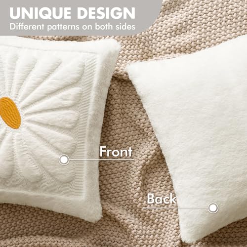 EMEMA Set of 2 Spring Summer Sunflower Floral Pillow Covers, Plush Faux Fur Decorative 18x18 Cushion Cases Adding a Soft, Bright Seasonal Accent to Sofa Couch Bed Modern Farmhouse Living Room, White - Image 5