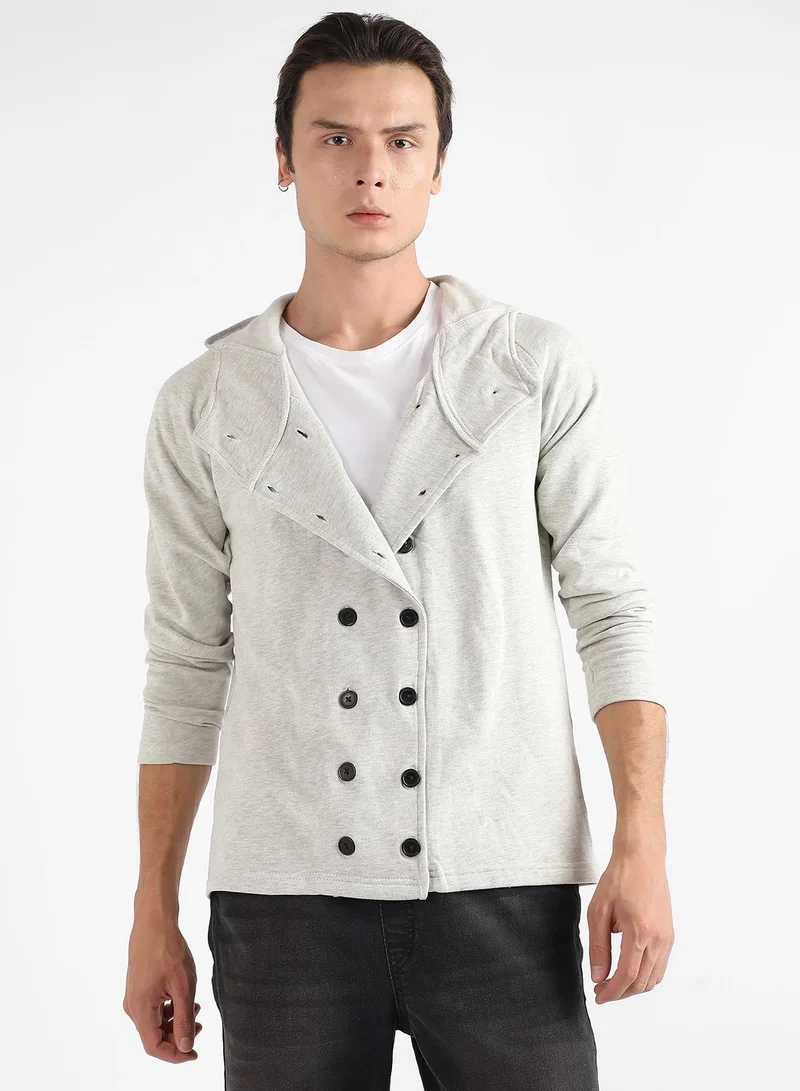 Campus Sutra Men's Light Grey Double-Breasted Jacket With Hoodie