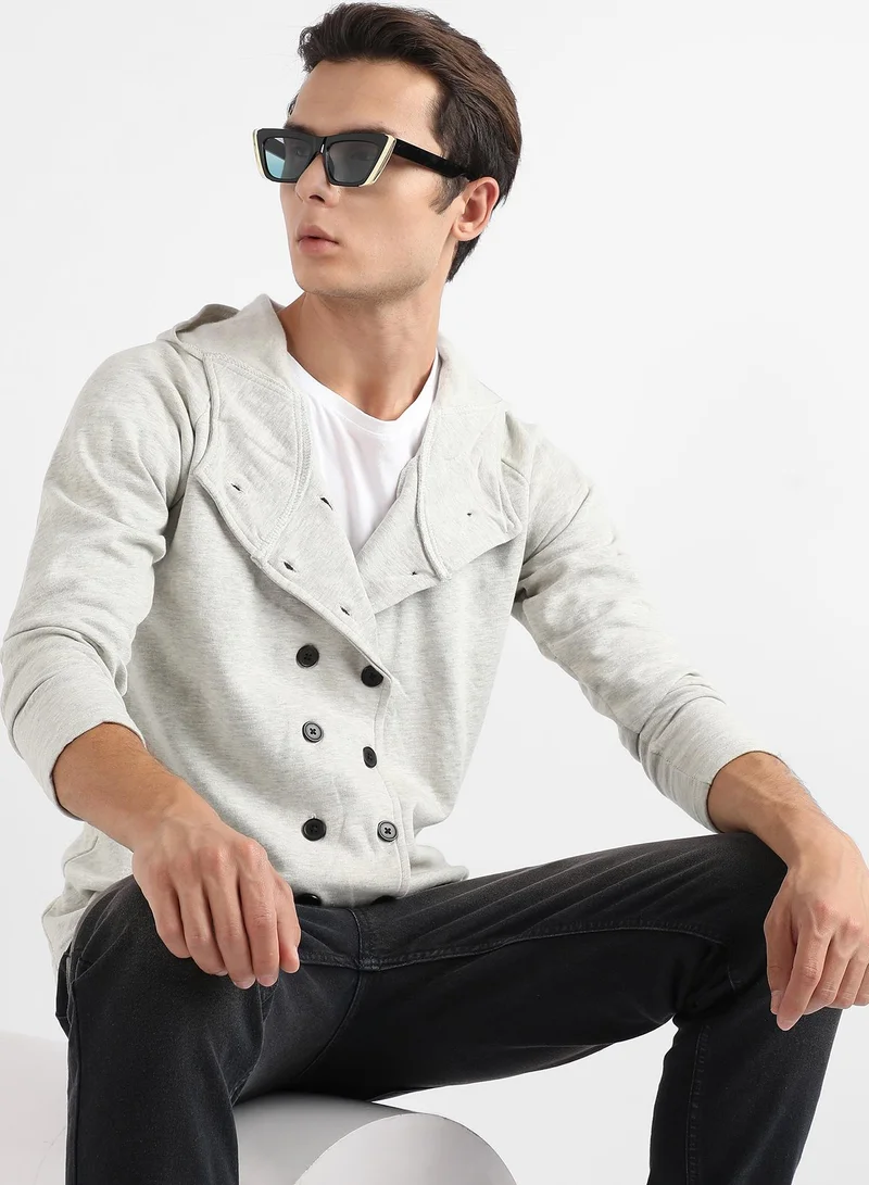 Campus Sutra Men's Light Grey Double-Breasted Jacket With Hoodie
