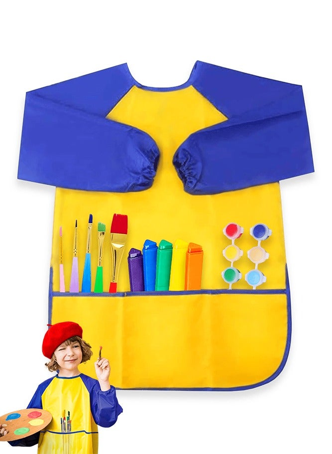NIIMBOT Waterproof Painting Apron, Kids Painting Clothes Apron, Long Sleeve Artist Painting Apron Art Graffiti Play Long Sleeve Smock with Pockets, for 5-8 Years Childrens Painting Pottery Clay Baking Cooking Craft and Lab Activity, Yellow/Blue  - Image 5