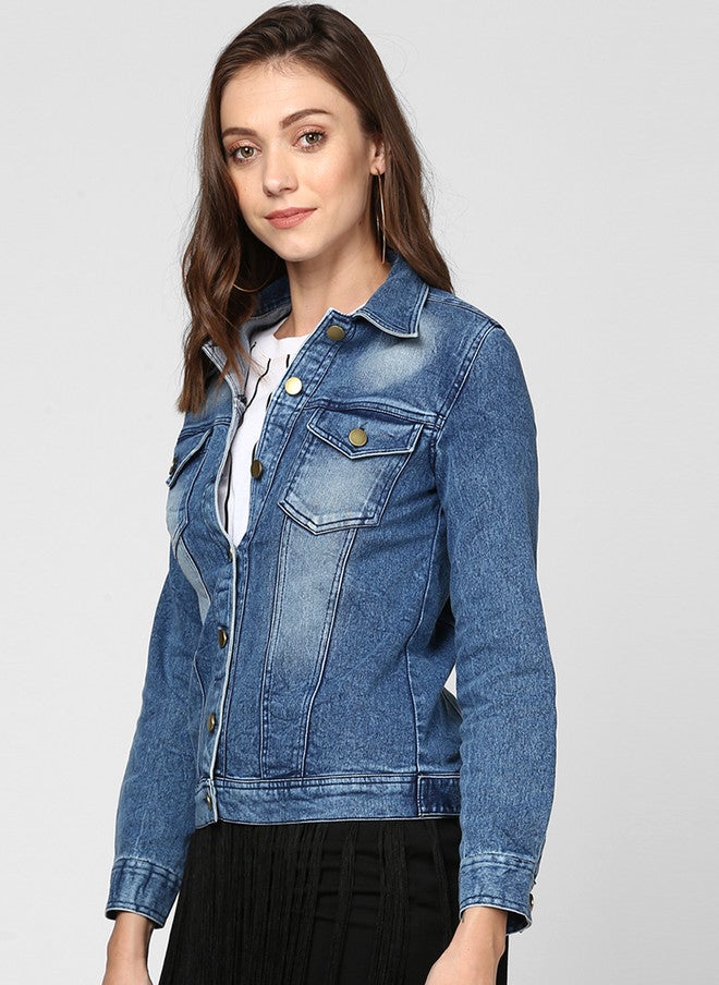 StyleStone جاكيت جينز نسائي أزرق سادة من ستايل ستون مع ياقة منتشرة وإغلاق بأزرار - Image 3