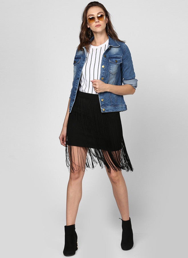 StyleStone جاكيت جينز نسائي أزرق سادة من ستايل ستون مع ياقة منتشرة وإغلاق بأزرار - Image 5