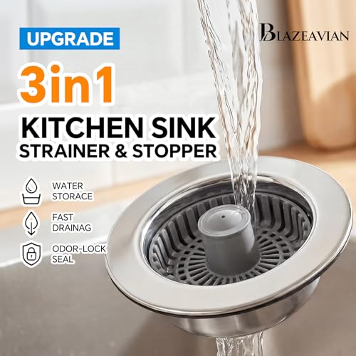 Blazeavian Kitchen Sink Stopper, 3 in 1 Pop Up Kitchen Sink Drain Strainer, with an Extra Basket Strainer, Sink Drain Stopper for US Standard 3-1/2 Inch, Brass Material Electroplate (Silver 2pcs) - Image 2