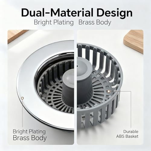 Blazeavian Kitchen Sink Stopper, 3 in 1 Pop Up Kitchen Sink Drain Strainer, with an Extra Basket Strainer, Sink Drain Stopper for US Standard 3-1/2 Inch, Brass Material Electroplate (Silver 2pcs) - Image 3